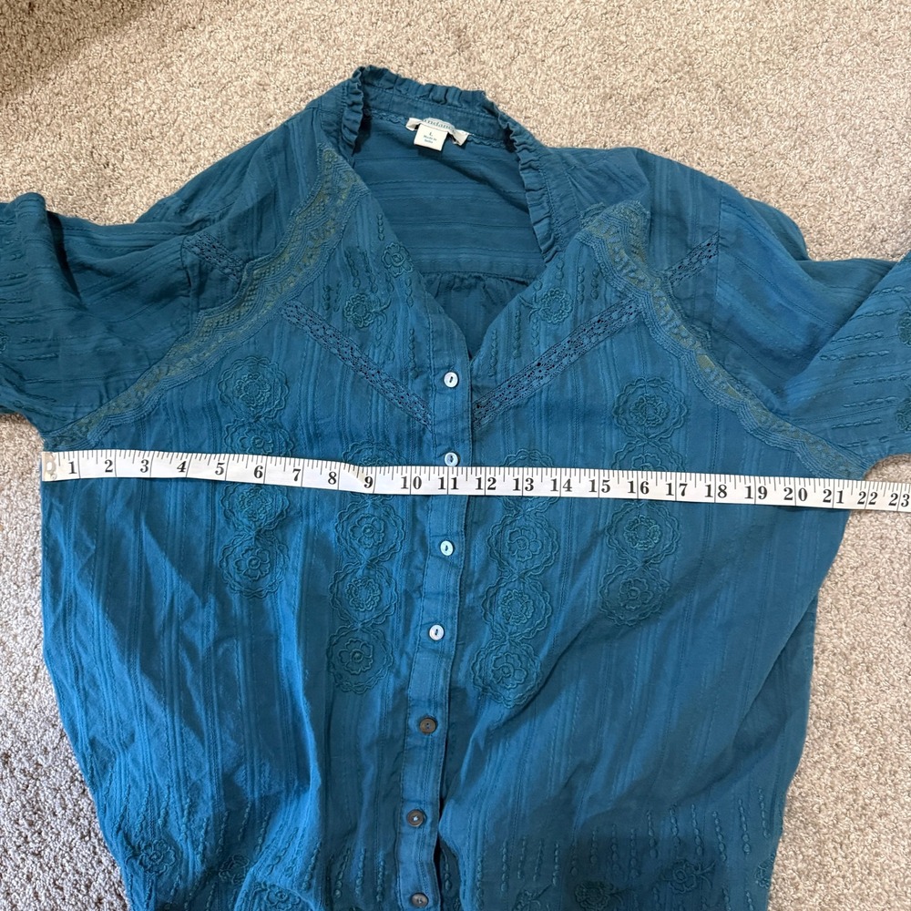 Sundance Blue Embroidered Cotton Boho Blouse Lace Ruffle Large Cottagecore - Picture 8 of 10